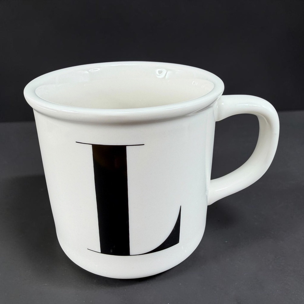 Pottery Barn Initial L Monogram Coffee Mug Cup White Black Stoneware 4in Tall